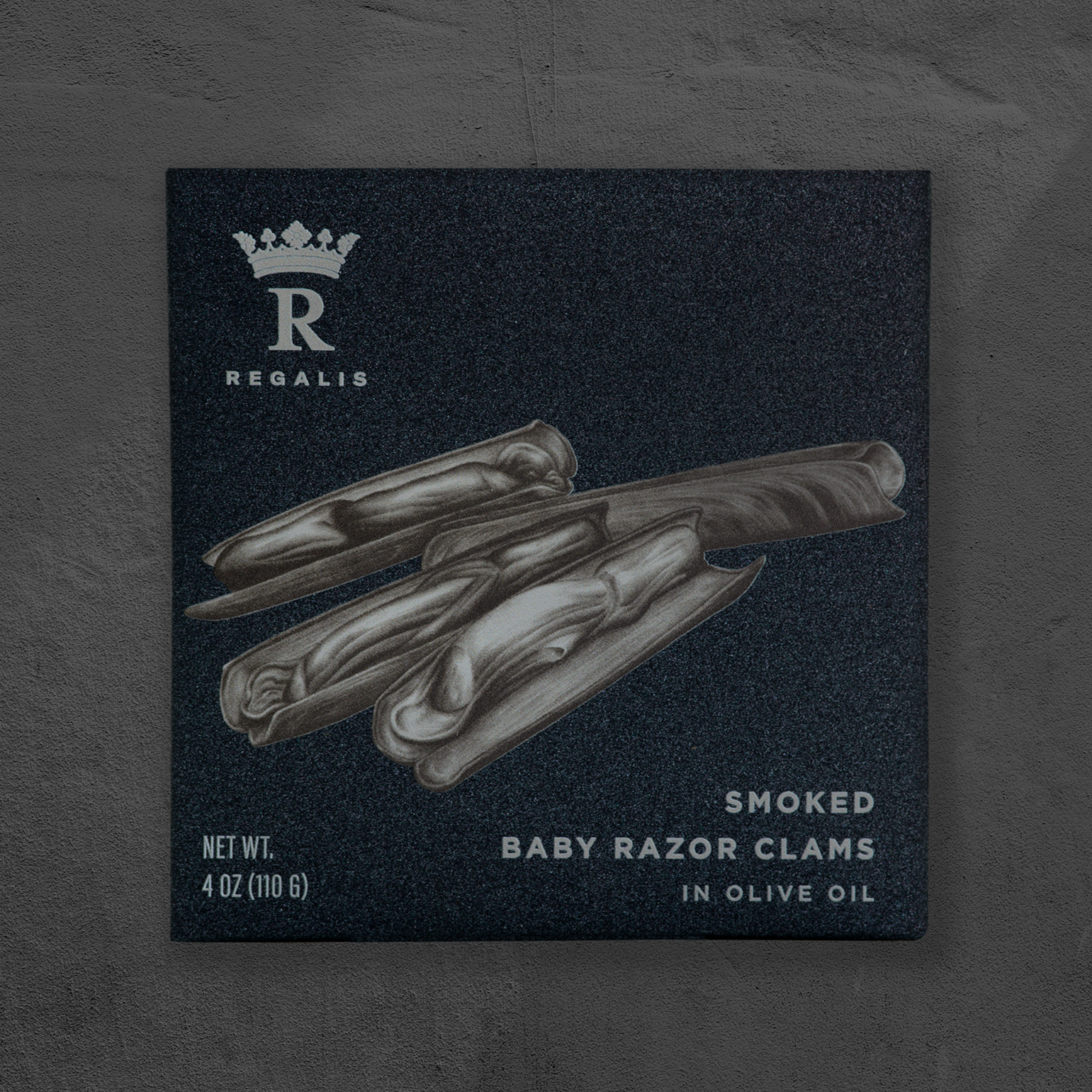 Regalis smoked baby razor clams packaging on a dark background